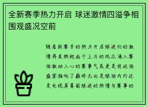 全新赛季热力开启 球迷激情四溢争相围观盛况空前