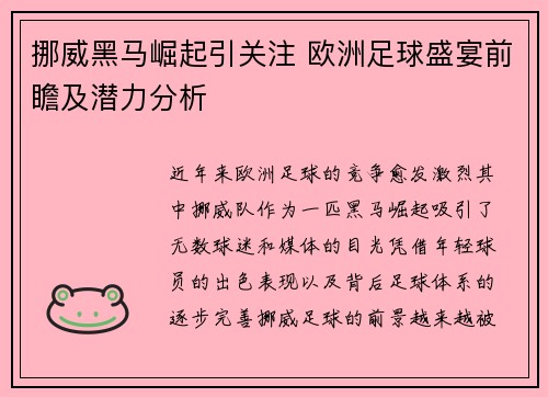 挪威黑马崛起引关注 欧洲足球盛宴前瞻及潜力分析