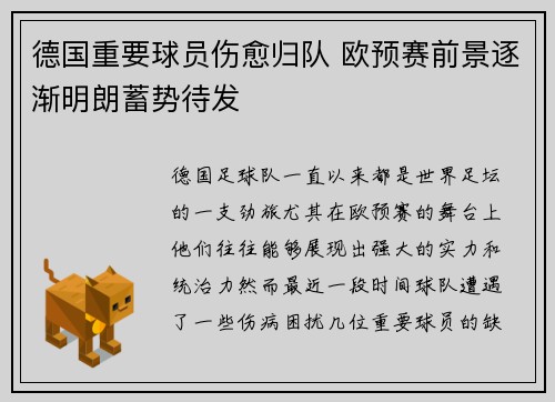 德国重要球员伤愈归队 欧预赛前景逐渐明朗蓄势待发